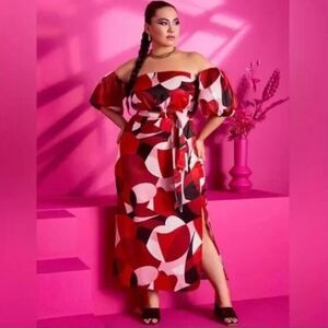 Eloquii printed‎ off the shoulder column satin dress, size 20